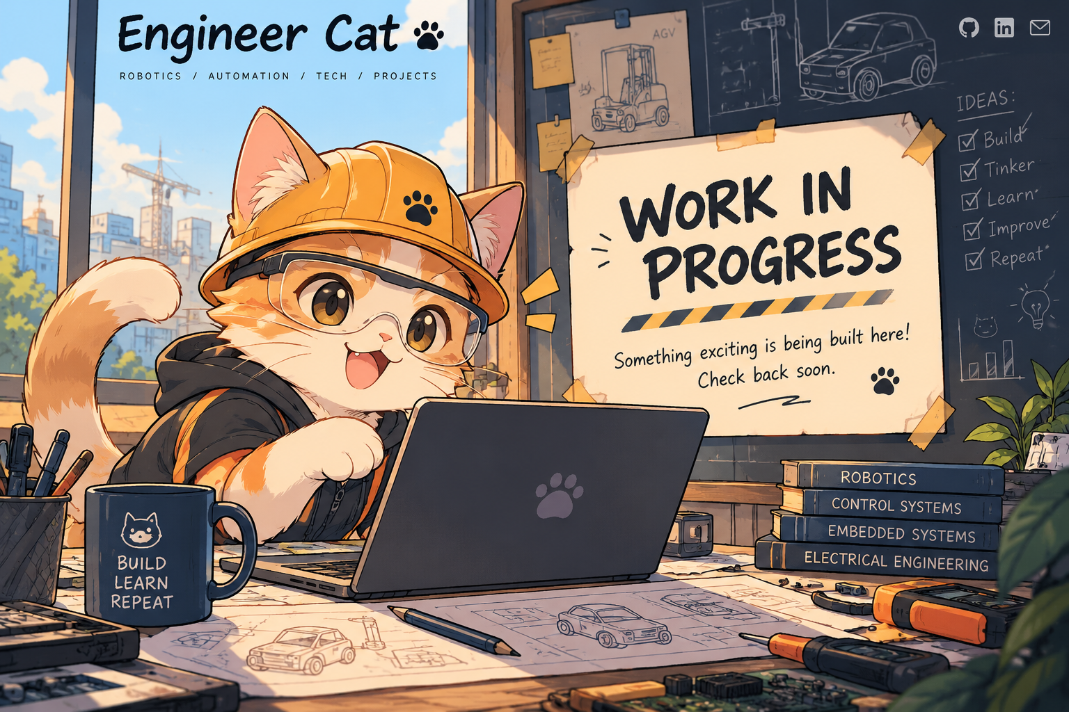 Engineer Cat in a manga-inspired engineering workshop